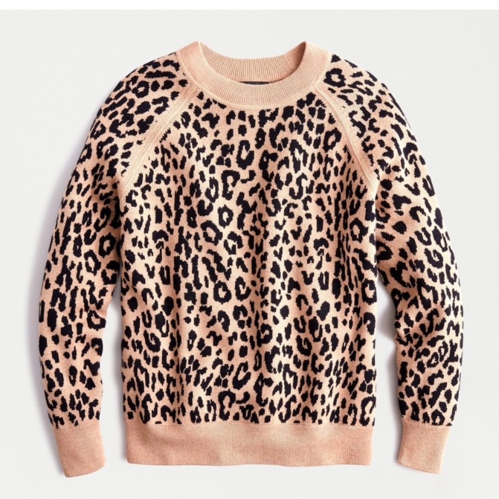 J Crew Boyfriend Crewneck Sweater in Leopard Print Re-Imagine Wool Size XXS